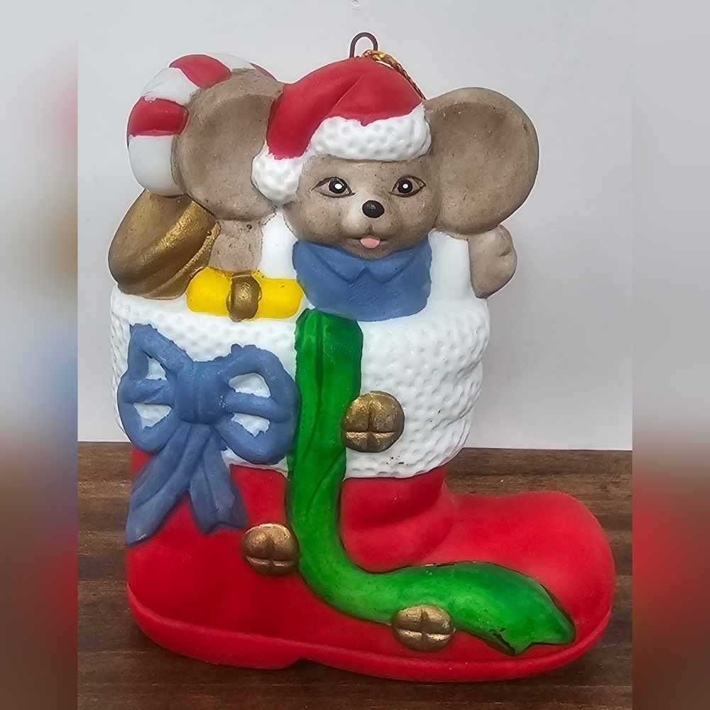 Vintage Hand Painted Porcelain Mouse In A Stocking Christmas Ornament 3"